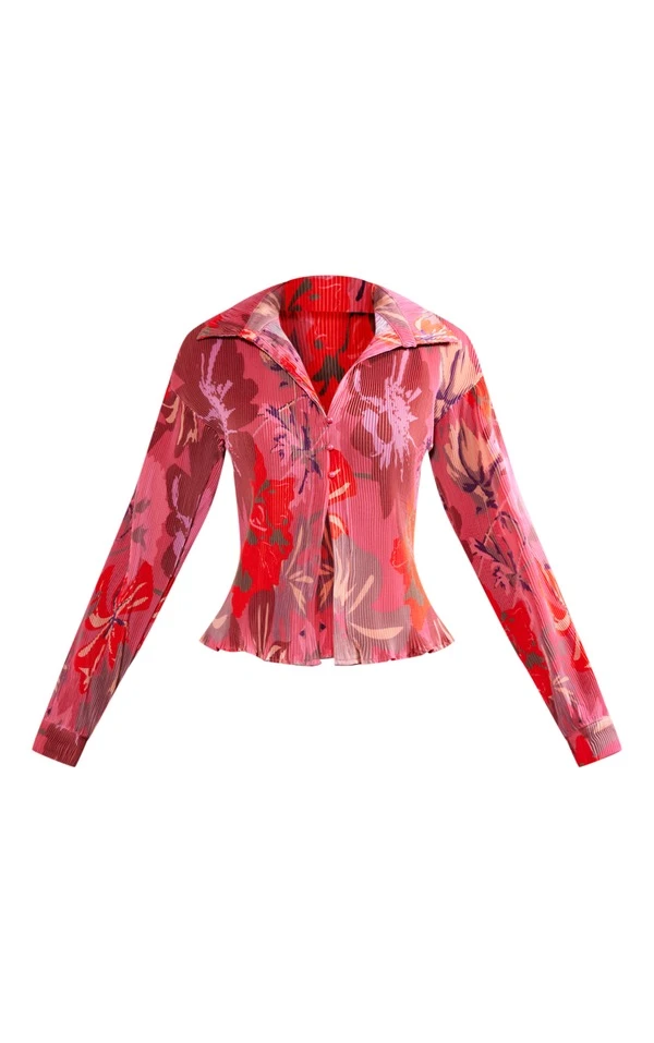Chemise Ajustée Plissée Rose Imprimée à Boutons 7 Chemise Ajustée Plissée Rose Imprimée à Boutons – Image 5