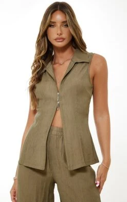 Chemise Zippée Sans Manches Kaki En Maille Tissée Texturée Et Transparente