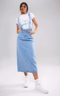 Jupe Mi-longue En Jean Bleu Clair Délavé à Bretelles