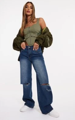 Jean Droit Délavé Vintage à Taille Basse Et Genoux Déchirés