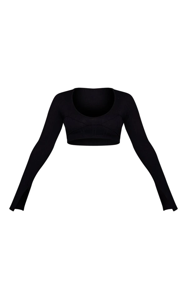 Crop Top Manches Longues Noir à Liserés Contrastants 7 Crop Top Manches Longues Noir à Liserés Contrastants – Image 5