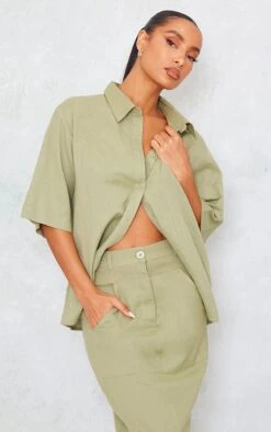 Chemise Oversize Kaki Effet Lin à épaules Carrées
