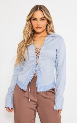 Chemise Lacée Bleu Gris à Ourlet En Dentelle