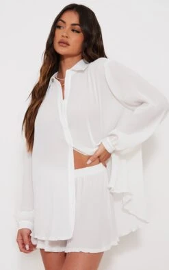 Chemise Oversize Blanche Plissée à Boutons Devant