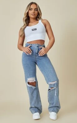 Jean Droit Bleu Moyennement Délavé Déchiré à Taille Haute