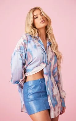 Chemise Oversize En Maille Bleu Clair Imprimé Abstrait