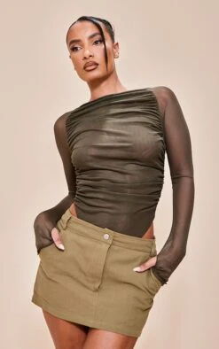 Body En Mesh Kaki Froncé à Manches Longues Et Col Ras