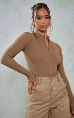 Body Zippé Caramel Côtelé Détail Contours à Manches Longues