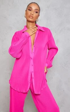 Chemise Oversize Rose Vif Plissée à Boutons Devant