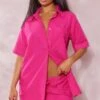 Chemise Oversize Effet Lin Rose Vif à Manches Courtes